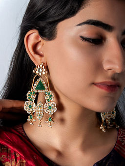 Neeta Boochra - 925 Sterling Silver 22K Gold Plated Green Danglers Earrings with Pearl & White Kundan