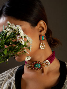 Neeta Boochra - 925 Sterling Silver 22K Gold Plated Turquoise Ruby with Kundan Dangler Earring