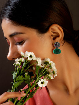 Neeta Boochra - 925 Sterling Silver 22K Gold Plated Green Gemstone Earring