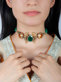 Neeta Boochra - 925 Sterling Silver Fusion Two Tone Fish Choker with Green Onyx