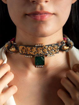 Neeta Boochra - 925 Sterling Silver Fusion Green Golden Designer Choker