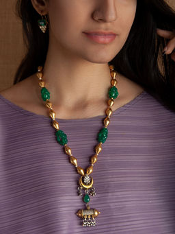 Neeta Boochra - 925 Sterling Silver, Two Tone 22K Gold Plated Dholki Necklace with Green Gemstone