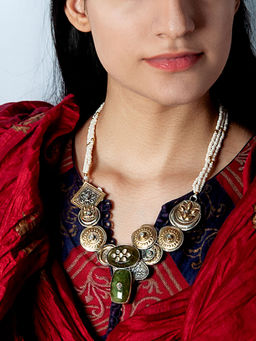 Neeta Boochra - 925 Sterling Silver Two Tone 22K Gold Plated Pearl Beaded Necklace with Gemstone