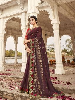 Odette - Brown Silk Border Designer Gold Printed Saree with Unstitched Blouse