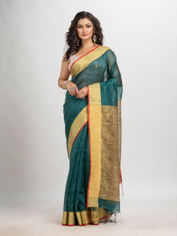 Angoshobha - Teal Blended Fabric Printed Woven Saree with Unstitched Blouse