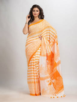 Angoshobha - Orange Cotton Printed Tassels Saree with Unstitched Blouse