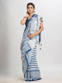 Angoshobha - Blue Cotton Printed Tassels Saree with Unstitched Blouse