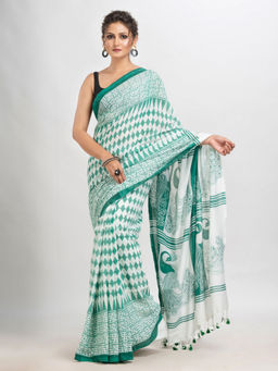 Angoshobha - Green Cotton Printed Tassels Saree with Unstitched Blouse