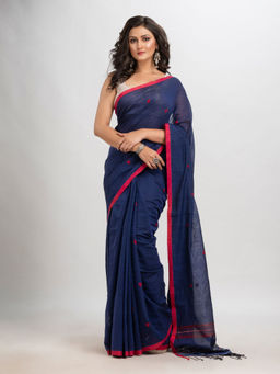 Angoshobha - Navy Blue Cotton Printed Woven Saree with Unstitched Blouse