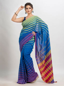 Angoshobha - Blue Blended Fabric Stripes Tassels Saree with Unstitched Blouse