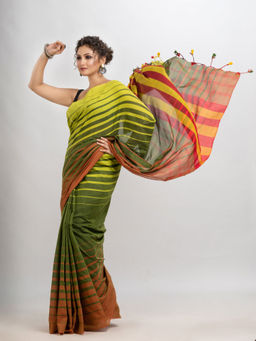 Angoshobha - Green Blended Fabric Stripes Tassels Saree with Unstitched Blouse