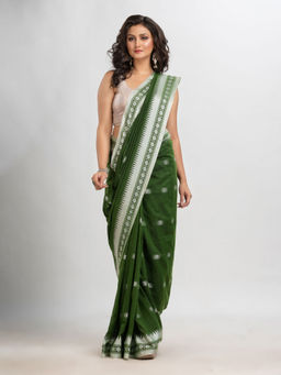 Angoshobha - Green Cotton Stripes Tassels Saree with Unstitched Blouse