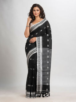 Angoshobha - Black Cotton Stripes Tassels Saree with Unstitched Blouse
