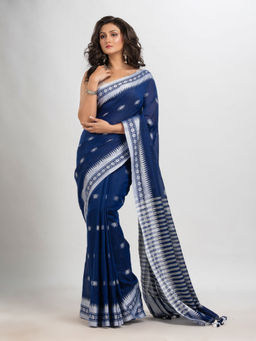 Angoshobha - Navy Blue Cotton Stripes Tassels Saree with Unstitched Blouse