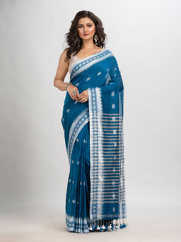 Angoshobha - Blue Cotton Stripes Tassels Saree with Unstitched Blouse