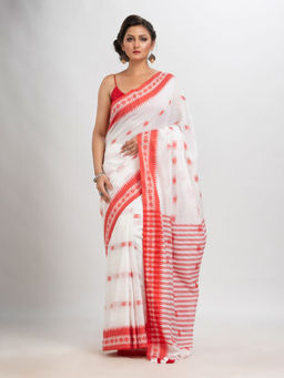 Angoshobha - White Cotton Stripes Tassels Saree with Unstitched Blouse