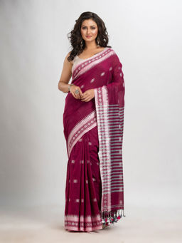 Angoshobha - Purple Cotton Stripes Tassels Saree with Unstitched Blouse
