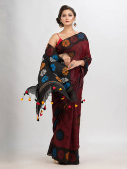 Angoshobha - Maroon Cotton Floral Tassels Saree with Unstitched Blouse