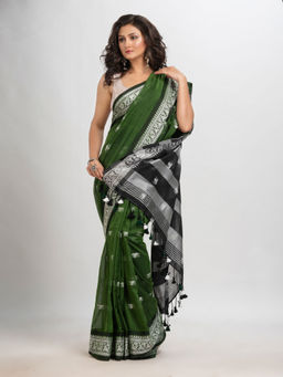 Angoshobha - Green Cotton Stripes Tassels Saree with Unstitched Blouse