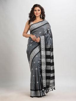 Angoshobha - Grey Cotton Stripes Tassels Saree with Unstitched Blouse