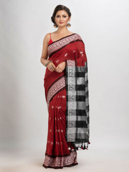 Angoshobha - Red Cotton Stripes Tassels Saree with Unstitched Blouse