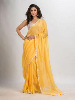 Angoshobha - Yellow Cotton Stripes Tassels Saree with Unstitched Blouse