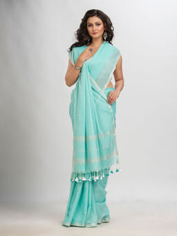Angoshobha - Blue Cotton Stripes Tassels Saree with Unstitched Blouse