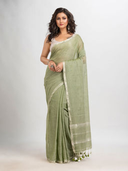 Angoshobha - Olive Cotton Stripes Tassels Saree with Unstitched Blouse