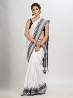 Angoshobha - White Cotton Stripes Tassels Saree with Unstitched Blouse