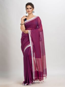 Angoshobha - Purple Cotton Stripes Tassels Saree with Unstitched Blouse