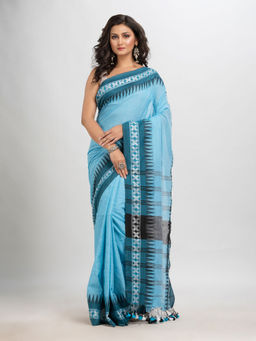 Angoshobha - Blue Cotton Woven Tassels Saree with Unstitched Blouse