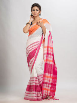 Angoshobha - Pink Cotton Woven Tassels Saree with Unstitched Blouse