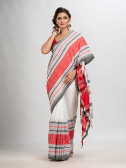 Angoshobha - Grey Cotton Woven Tassels Saree with Unstitched Blouse
