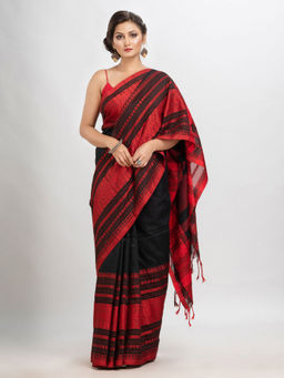 Angoshobha - Black Cotton Woven Tassels Saree with Unstitched Blouse