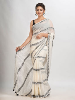 Angoshobha - White Cotton Stripes Tassels Saree with Unstitched Blouse