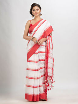 Angoshobha - White Cotton Stripes Tassels Saree with Unstitched Blouse