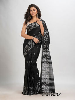 Angoshobha - Black Cotton Woven Tassels Saree with Unstitched Blouse