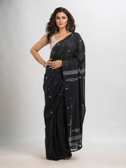 Angoshobha - Grey Cotton Woven Tassels Saree with Unstitched Blouse