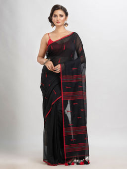 Angoshobha - Red Cotton Woven Tassels Saree with Unstitched Blouse