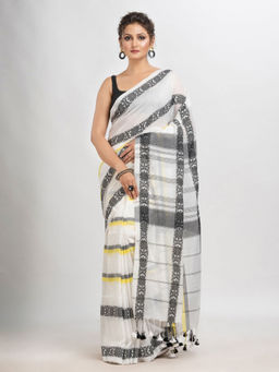 Angoshobha - White Cotton Stripes Tassels Saree with Unstitched Blouse
