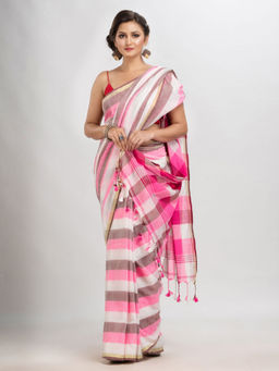 Angoshobha - Multi-Color Cotton Checks Tassels Saree with Unstitched Blouse