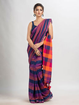 Angoshobha - Multi-Color Cotton Checks Tassels Saree with Unstitched Blouse