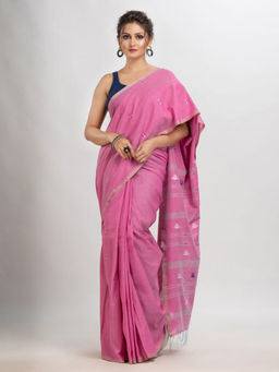 Angoshobha - Pink Cotton Printed Woven Saree with Unstitched Blouse
