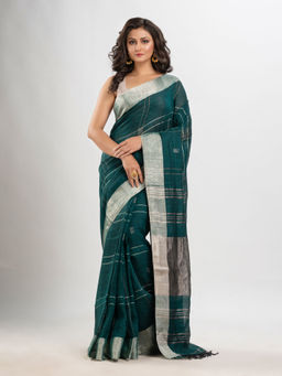Angoshobha - Green Linen Stripes Woven Saree with Unstitched Blouse