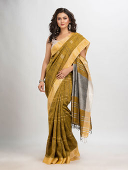 Angoshobha - Mustard Linen Stripes Woven Saree with Unstitched Blouse