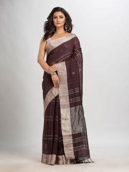 Angoshobha - Brown Linen Stripes Woven Saree with Unstitched Blouse