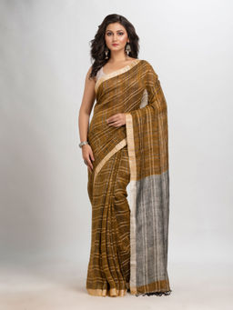 Angoshobha - Brown Linen Stripes Woven Saree with Unstitched Blouse