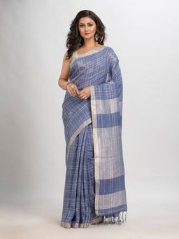 Angoshobha - Blue Linen Checks Woven Saree with Unstitched Blouse