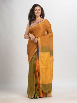 Angoshobha - Brown Linen Colorblock Woven Saree with Unstitched Blouse