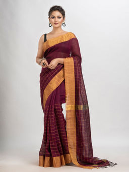 Angoshobha - Maroon Linen Checks Woven Saree with Unstitched Blouse